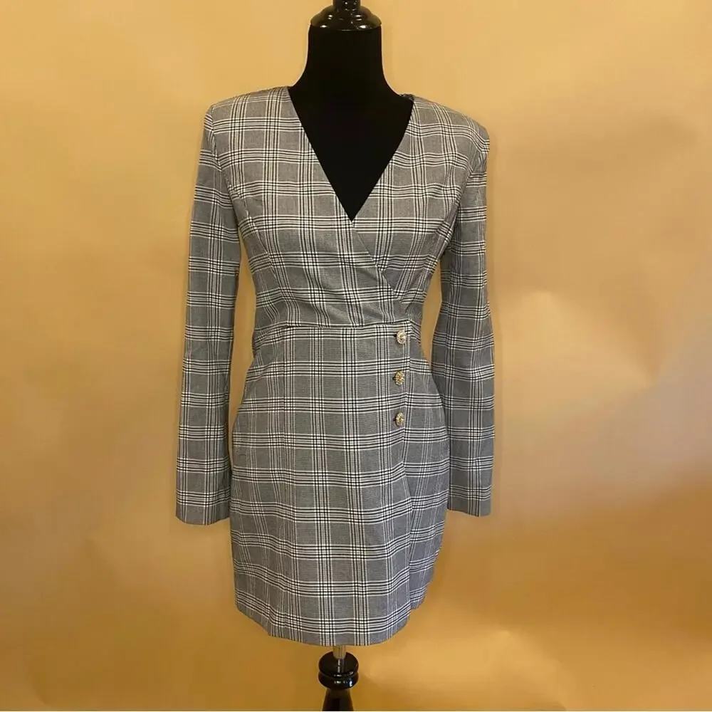 Zara Plaid Blazer Mini Dress Jeweled Buttons Long Sleeve Size S NWT - Picture 4 of 12